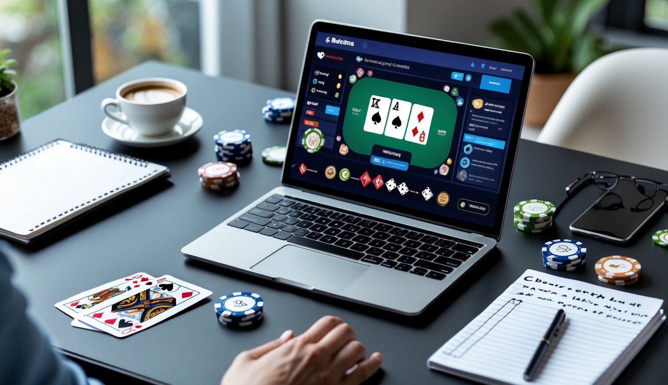 Seorang pemula sedang belajar bermain poker online dengan laptop, chip poker, kartu, dan catatan strategi di meja kerja yang rapi.