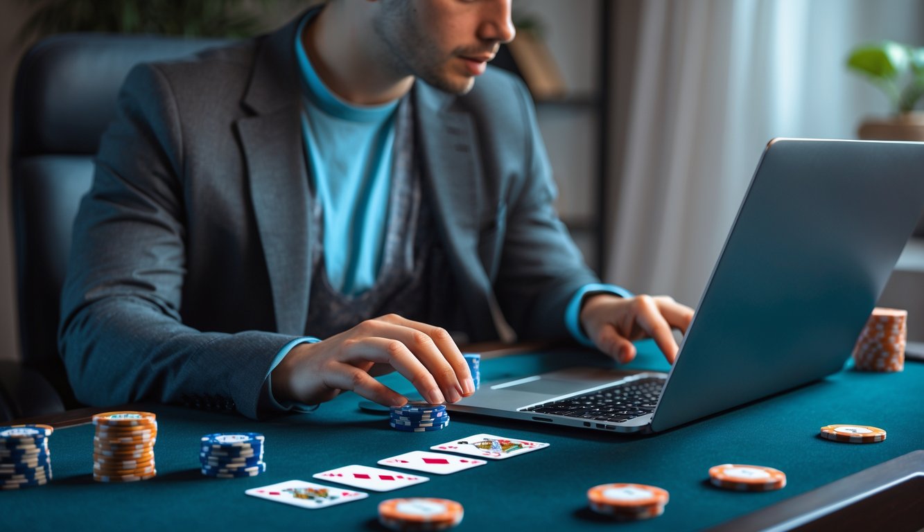 Seseorang sedang bermain poker online di laptop dengan tumpukan chip dan kartu di meja dalam ruangan yang nyaman.
