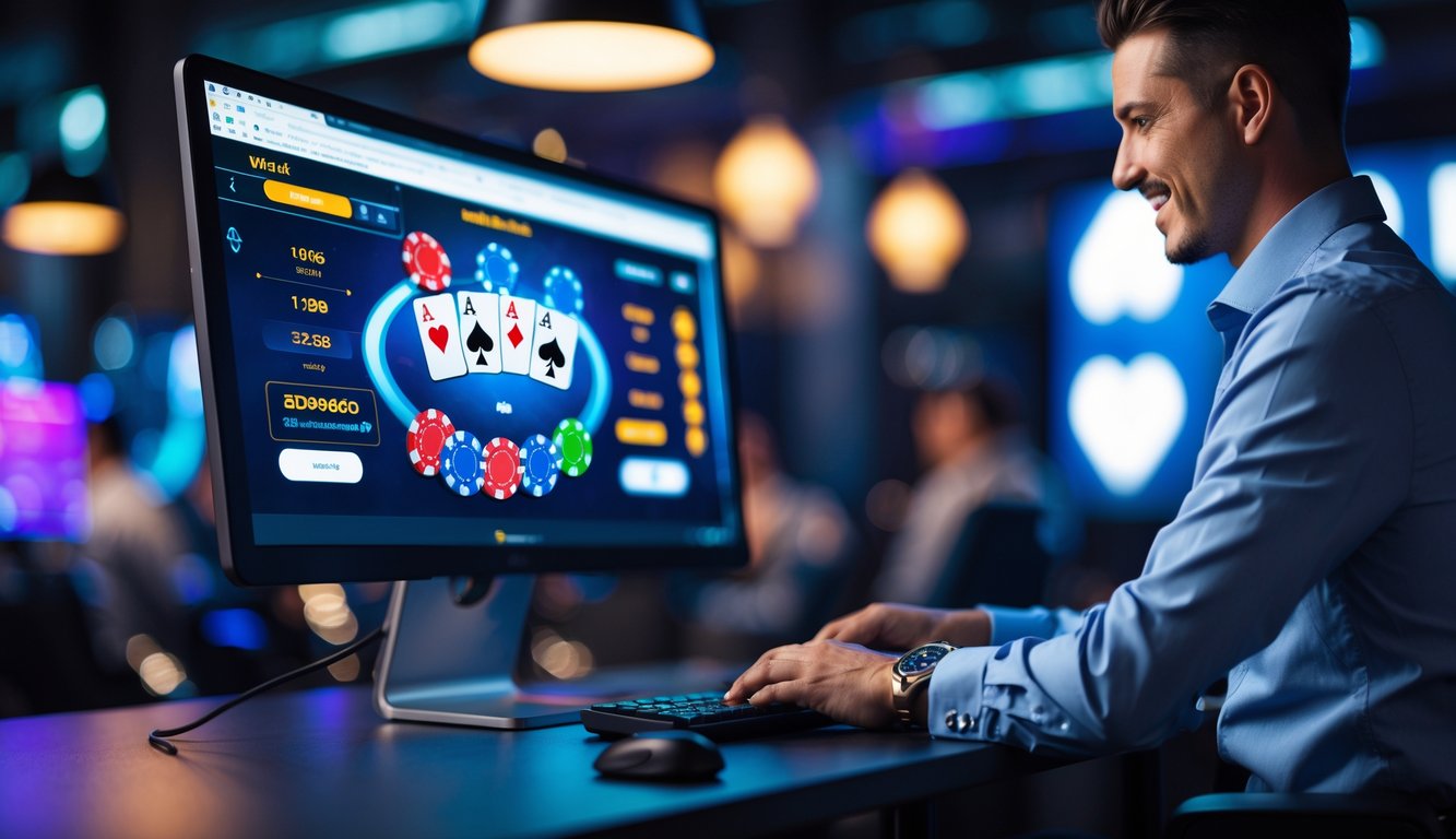Seorang pria duduk di depan komputer yang menampilkan permainan poker online dengan chip dan kartu, di ruang kerja modern yang terang.