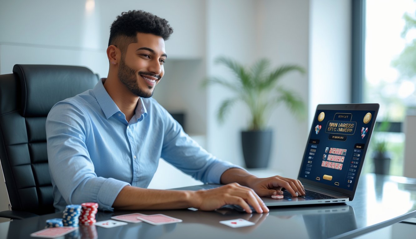 Seorang dewasa muda duduk di meja modern menggunakan laptop untuk bermain poker online dengan suasana yang cerah dan profesional.