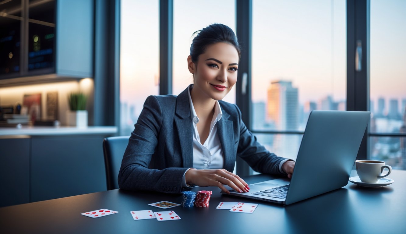 Seseorang sedang bermain poker online dengan laptop di meja kerja di rumah, terlihat fokus dan santai.