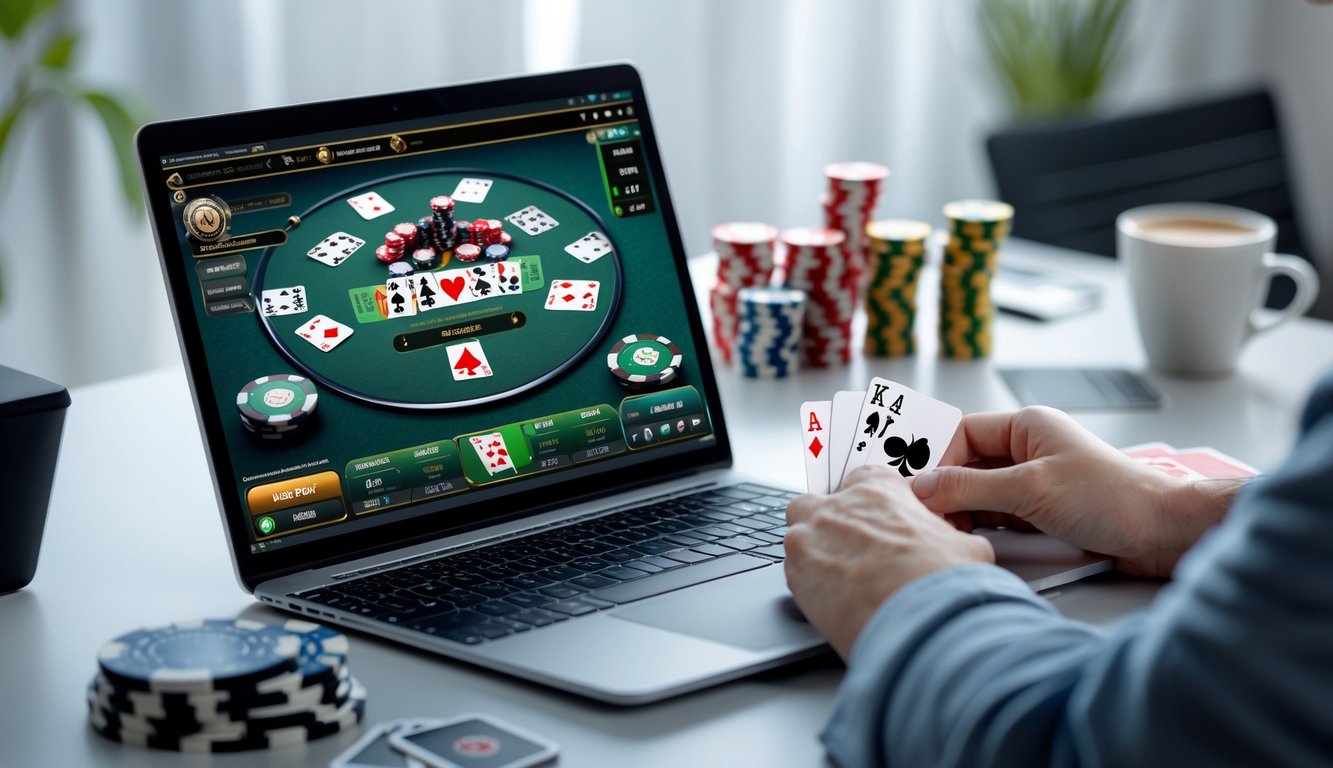 Seorang pemain poker online sedang fokus bermain di depan komputer dengan tumpukan chip dan kartu poker di meja.