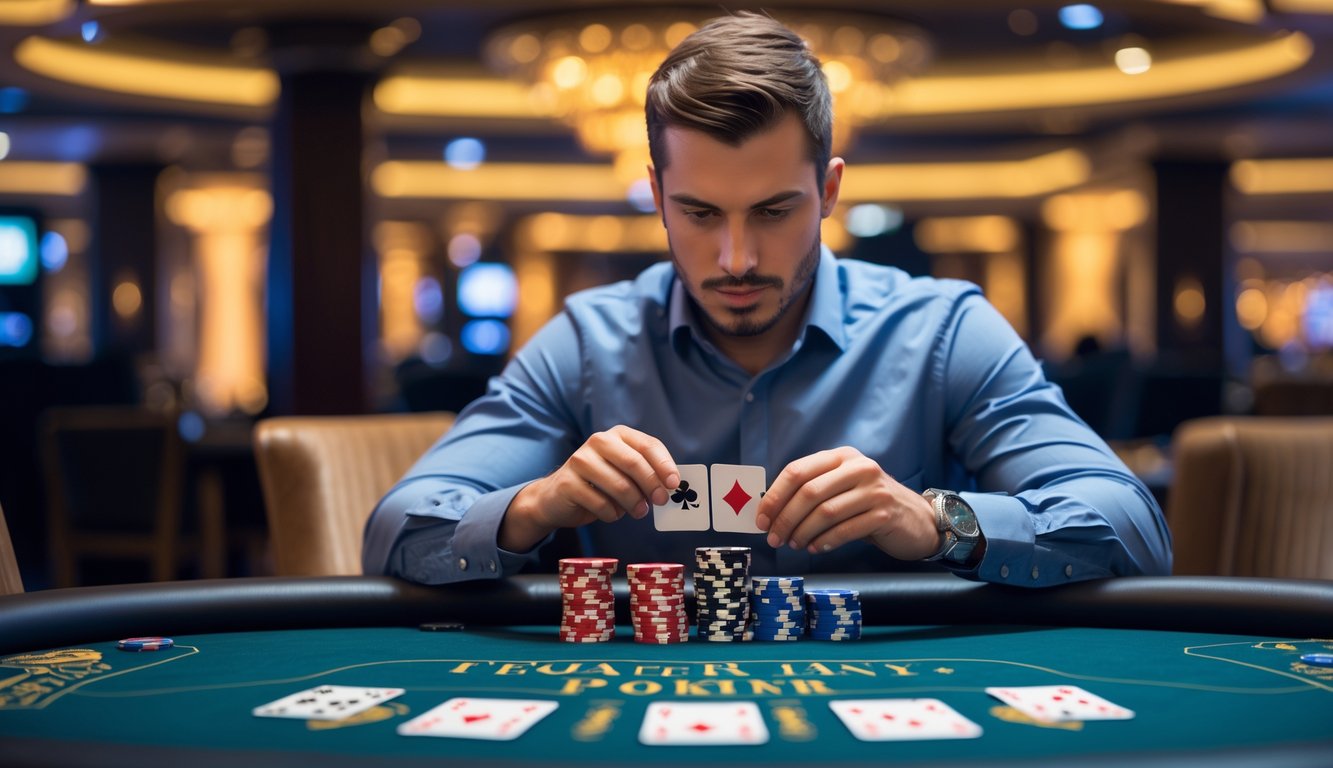 Seorang pria fokus duduk di meja poker dengan kartu dan tumpukan chip di depan, di dalam ruangan kasino yang mewah.