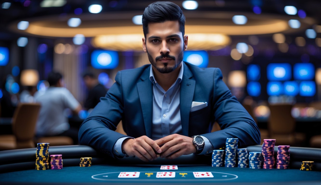 Seorang pria fokus duduk di meja poker dengan kartu dan tumpukan chip di depan, di dalam suasana kasino yang terang dan modern.