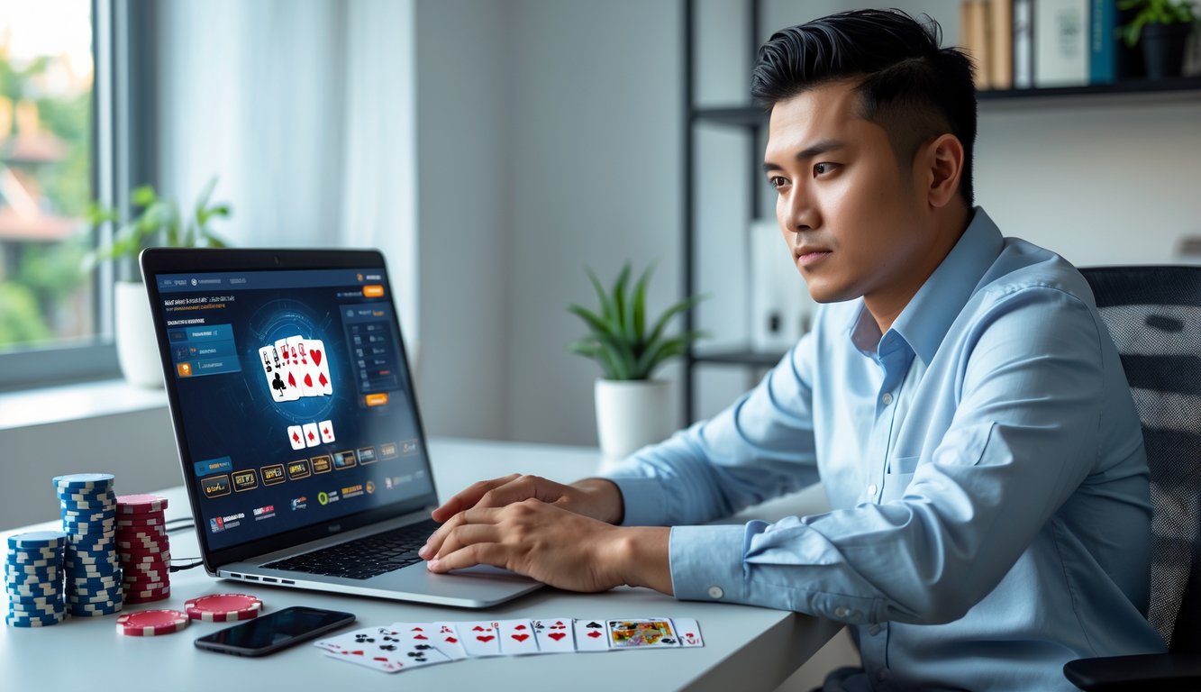 Seorang pria Indonesia duduk di meja kerja dengan laptop yang menampilkan permainan poker online, terlihat fokus dan serius bermain poker.