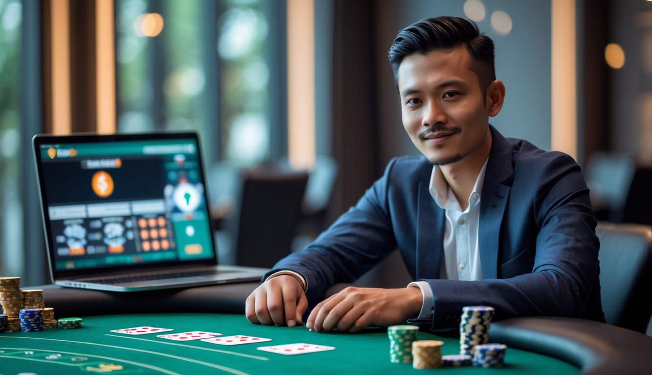 Seorang pria Indonesia duduk di meja poker dengan kartu dan chip, menggunakan ponsel untuk bermain poker online.