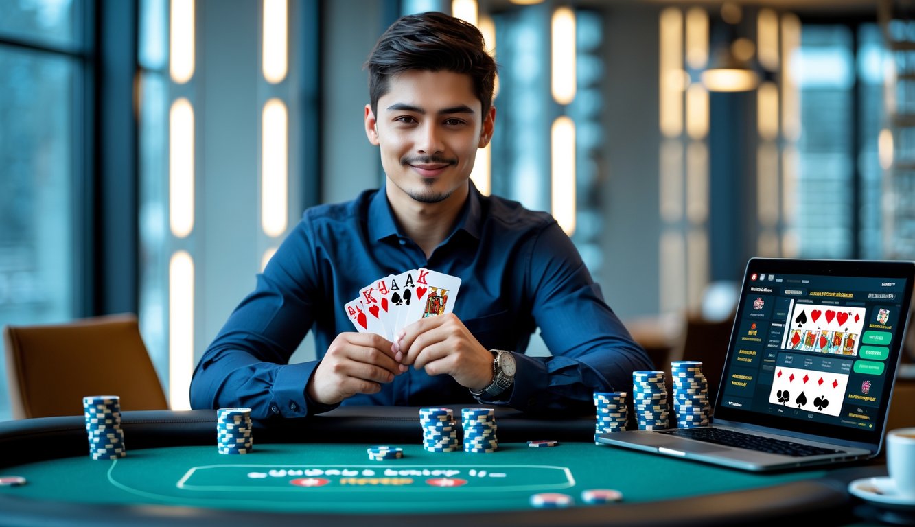 Seorang pria muda duduk di meja poker dengan kartu dan chip, di sampingnya ada laptop dan ponsel, menunjukkan suasana bermain poker online yang sukses.