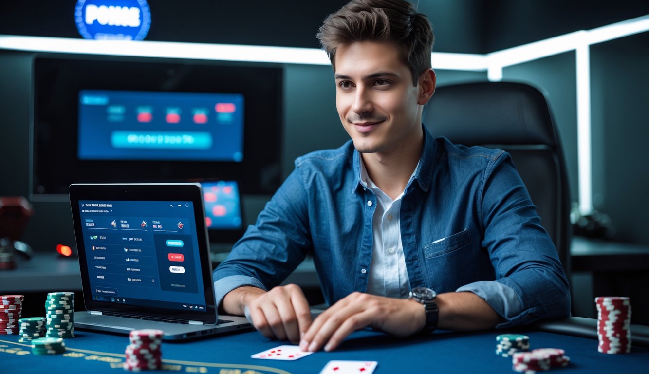 Seorang pria muda fokus bermain poker online di depan laptop dengan chip poker dan kartu di meja, serta ponsel yang menunjukkan konfirmasi penarikan dana.