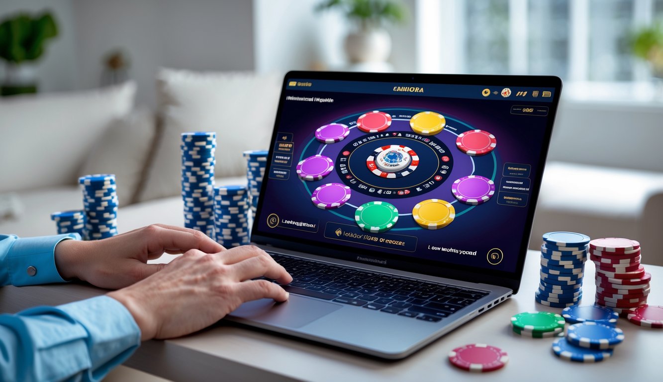 Seorang pemain poker online menggunakan komputer dengan tumpukan chip poker di meja dalam ruangan yang rapi.