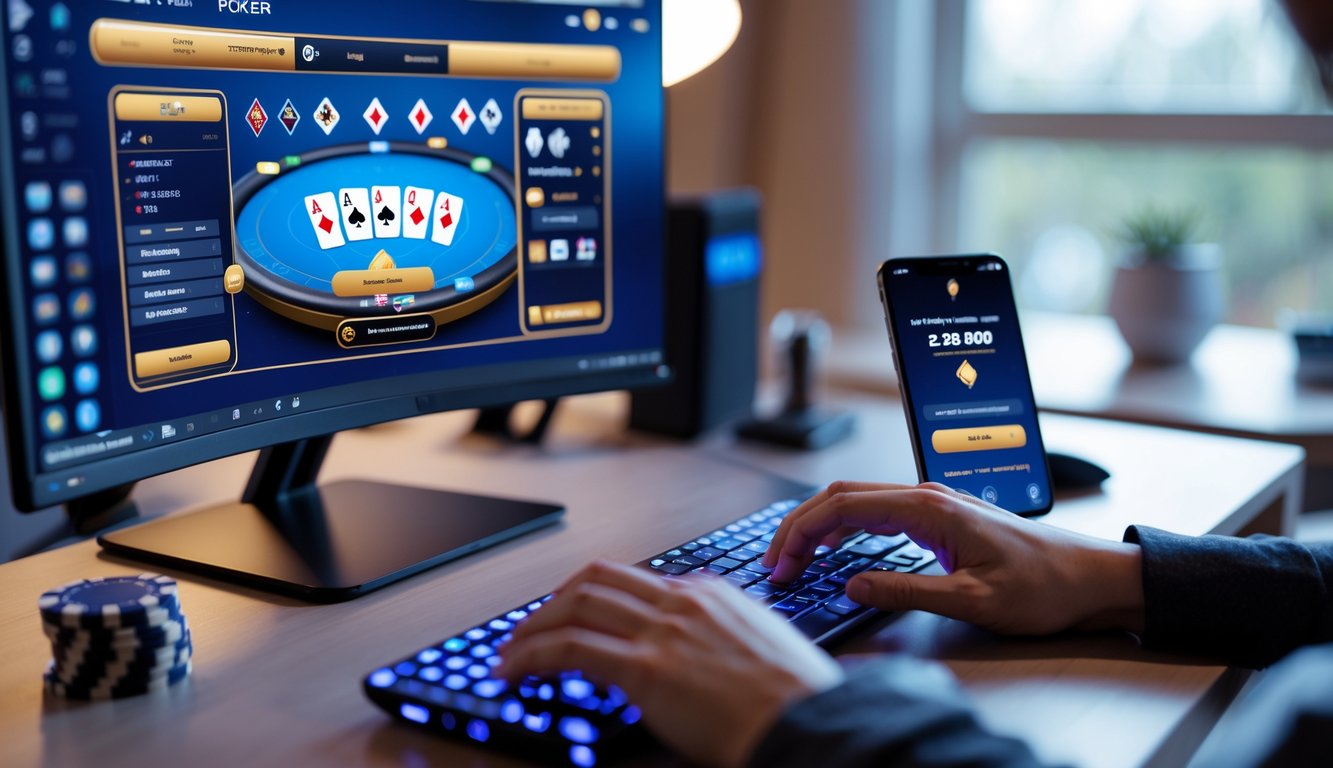 Seseorang bermain poker online di meja dengan monitor besar dan chip poker, menampilkan suasana ruang bermain yang nyaman.