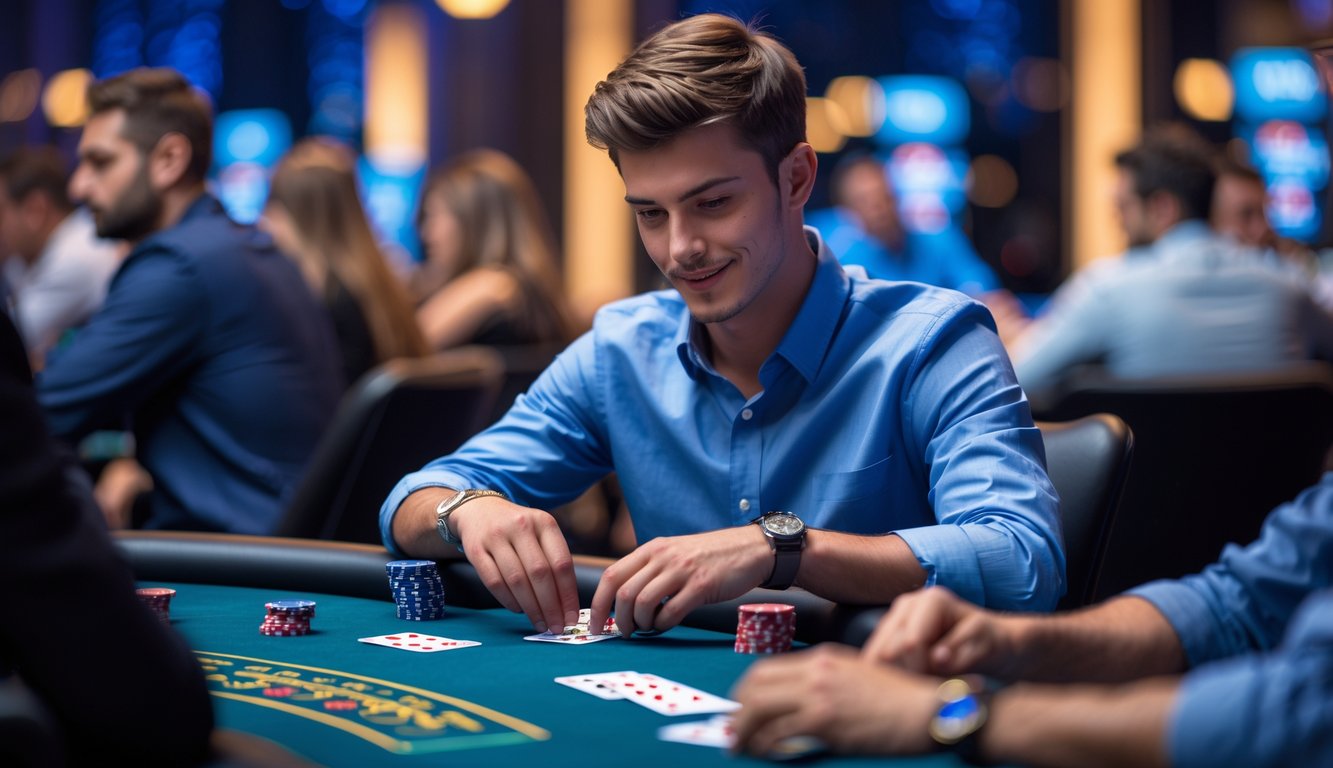 Seorang pria muda duduk di meja poker dengan kartu dan chip, fokus bermain dalam turnamen poker harian.