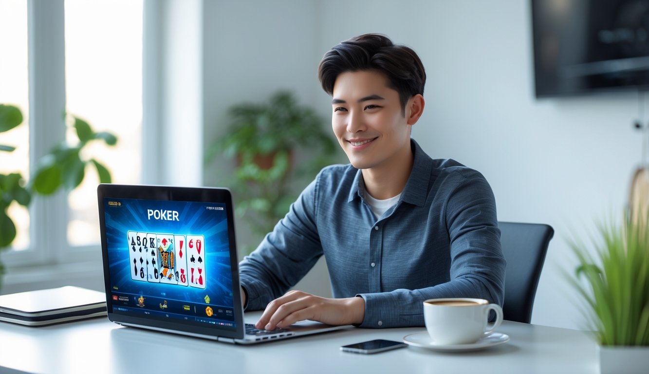 Seorang dewasa muda duduk di meja modern menggunakan laptop dengan permainan poker online di layar, terlihat fokus dan santai di ruangan terang dengan tanaman hijau.