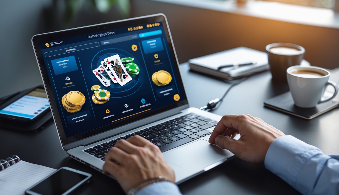 Seseorang menggunakan laptop untuk bermain poker online dengan chip dan kartu terlihat di layar, di meja juga ada ponsel, buku catatan, dan secangkir kopi.