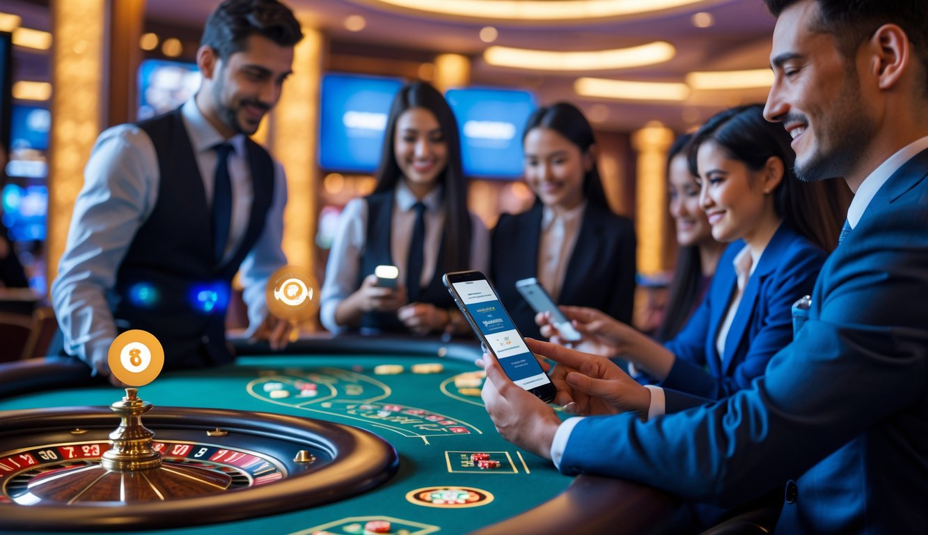 Suasana kasino langsung dengan dealer profesional dan pemain menggunakan perangkat digital untuk bermain dan melakukan deposit dengan aman dan cepat.