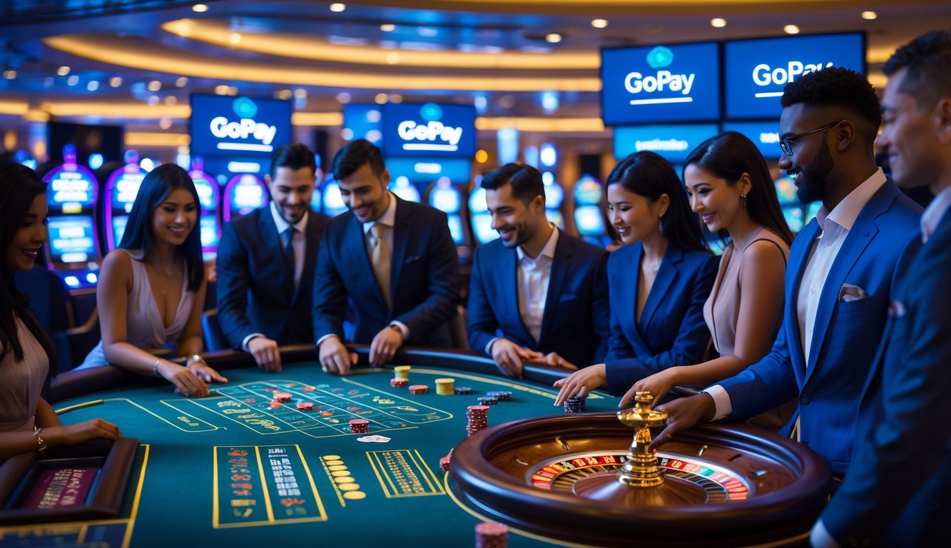 Orang-orang bermain di kasino langsung dengan layar yang menunjukkan transaksi pembayaran GoPay yang aman dan cepat.