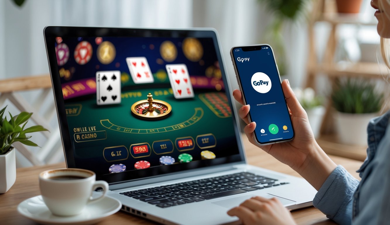 Seorang wanita muda duduk di meja dengan laptop dan ponsel, menggunakan aplikasi dompet digital untuk melakukan deposit di kasino online.