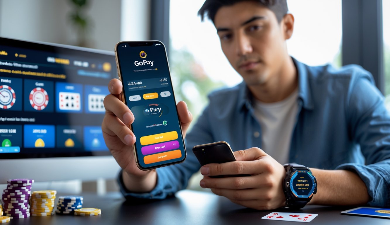 Seseorang menggunakan ponsel untuk melakukan pembayaran digital GoPay dengan laptop yang menampilkan permainan kasino online di latar belakang.