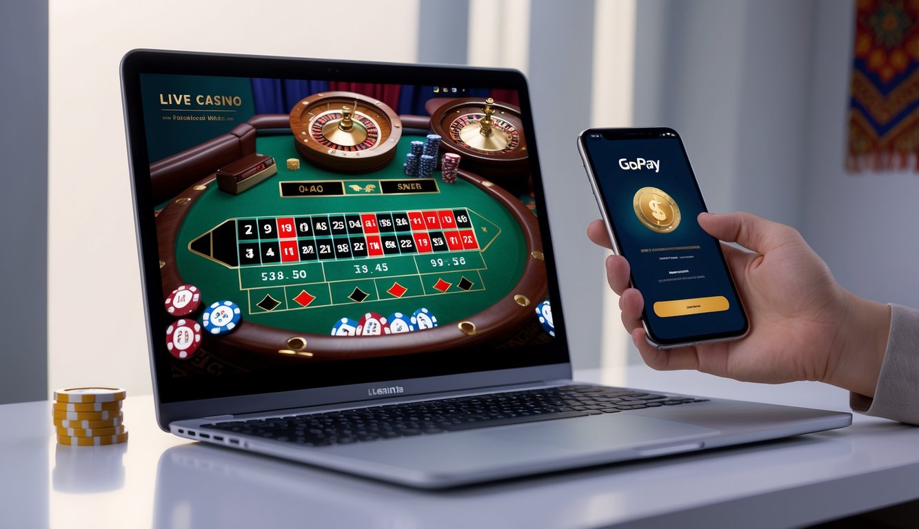 Seseorang menggunakan laptop dan ponsel untuk bermain kasino langsung online dengan aplikasi pembayaran GoPay di Indonesia.