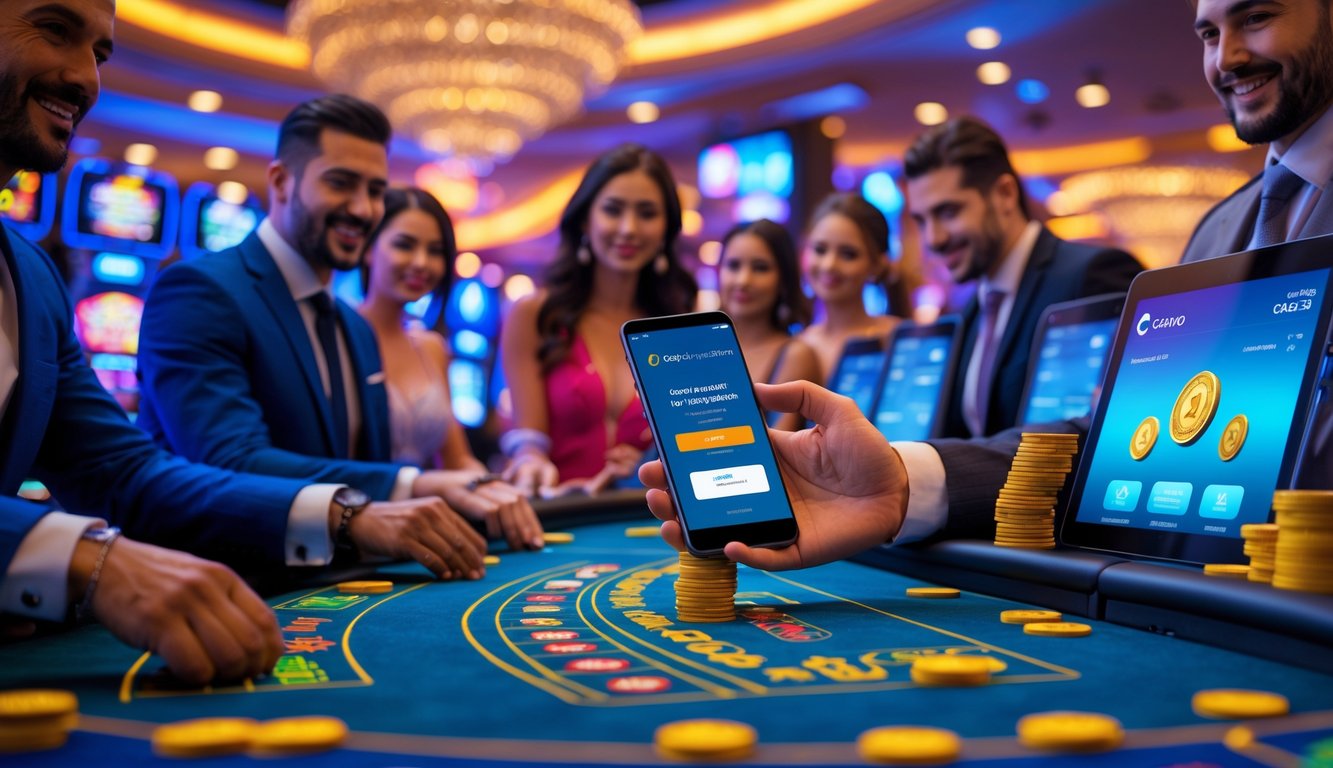 Orang-orang bermain di kasino langsung dengan seseorang melakukan deposit menggunakan aplikasi GoPay di ponsel.