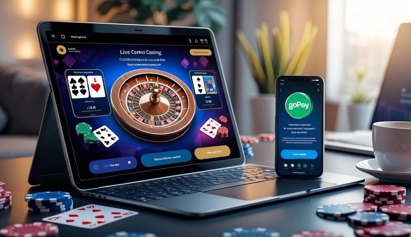 Seseorang menggunakan laptop dan ponsel untuk bermain live casino dengan pembayaran melalui GoPay di lingkungan rumah yang nyaman.