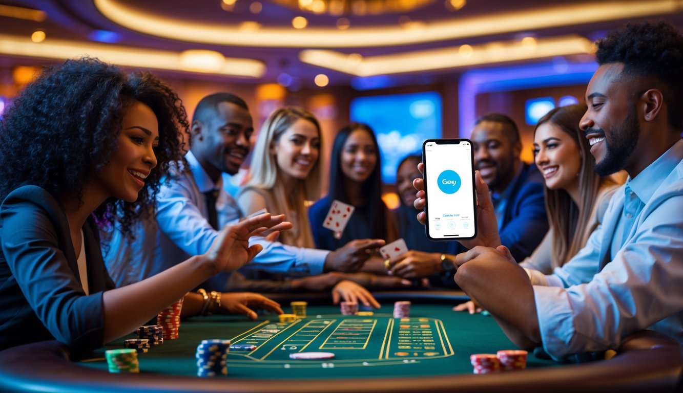 Orang-orang bermain di meja kasino langsung dengan seseorang memegang ponsel yang menampilkan aplikasi dompet digital GoPay.