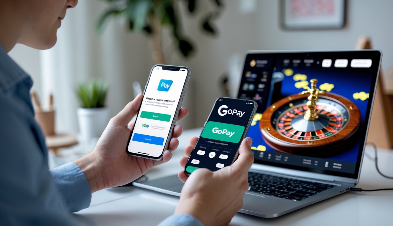 Seseorang menggunakan smartphone untuk melakukan deposit GoPay sambil bermain live casino online di perangkat lain di lingkungan rumah yang rapi.
