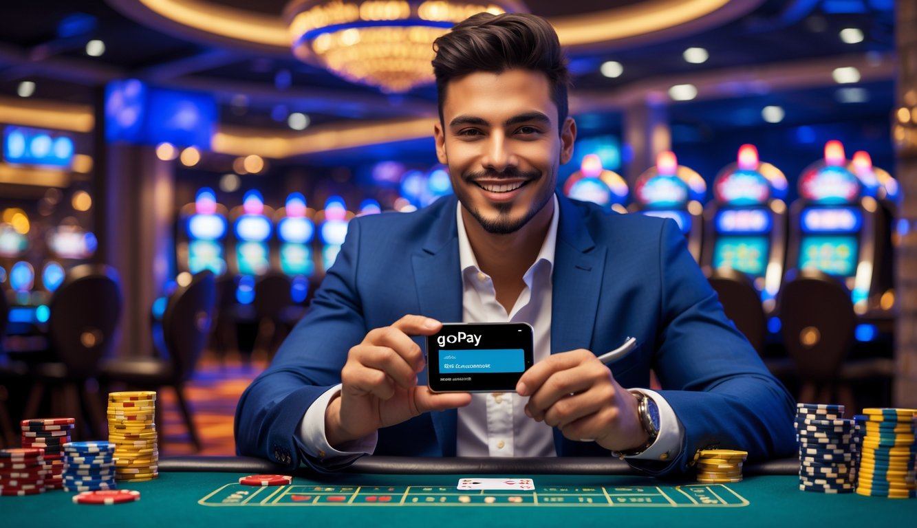 Seorang pria muda duduk di meja kasino dengan ponsel yang menampilkan aplikasi dompet digital GoPay, dikelilingi oleh elemen kasino seperti chip dan roda roulette.