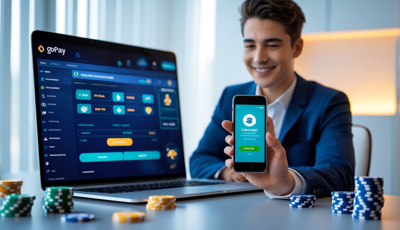 Seorang dewasa muda duduk di meja dengan laptop dan ponsel yang menampilkan aplikasi GoPay dan permainan kasino langsung.