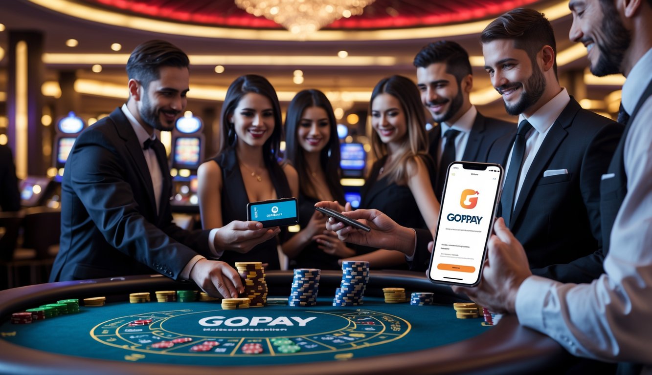 Suasana kasino langsung dengan meja permainan dan orang-orang menggunakan perangkat digital untuk melakukan pembayaran.