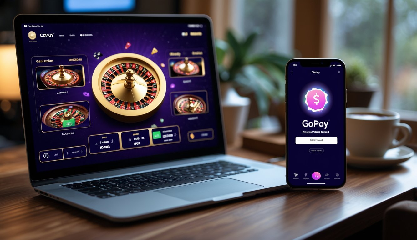 Seorang pengguna sedang bermain live casino online di laptop dengan ponsel yang menunjukkan aplikasi GoPay untuk deposit instan di meja kerja yang nyaman.