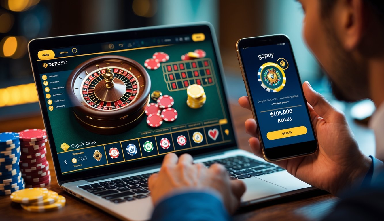 Seseorang menggunakan ponsel dengan aplikasi GoPay di depan layar komputer yang menampilkan permainan kasino langsung.