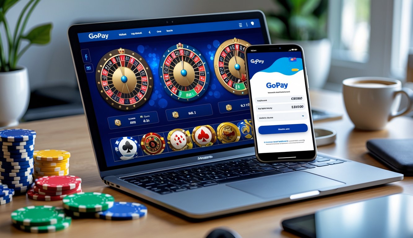 Seorang pengguna duduk di depan laptop dengan layar menampilkan permainan kasino langsung dan smartphone yang menunjukkan aplikasi GoPay di meja kerja yang rapi.