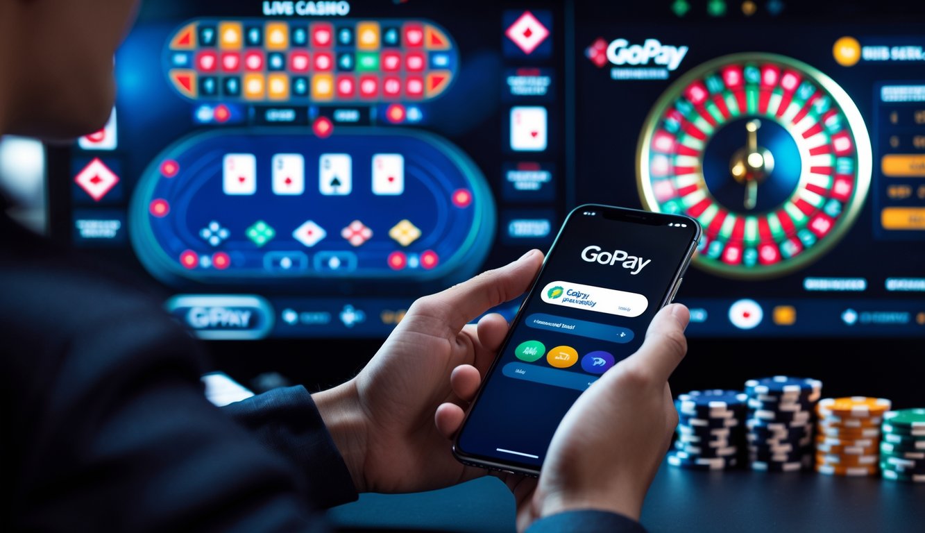 Seseorang menggunakan smartphone dengan aplikasi GoPay di depan layar yang menampilkan permainan kasino langsung online.