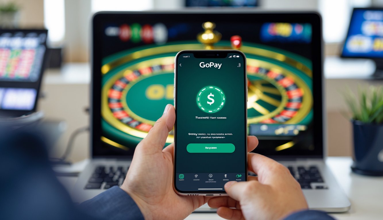 Seseorang memegang smartphone yang menampilkan aplikasi GoPay dengan latar belakang layar komputer yang menampilkan permainan kasino langsung.