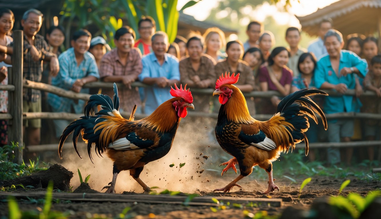 Dua ayam jago sedang bertarung di depan kerumunan orang yang menonton dengan antusias di lingkungan pedesaan.