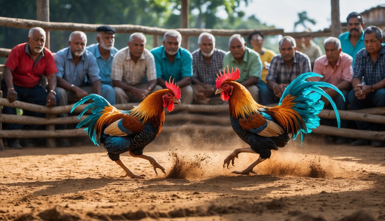 Dua ayam jago sedang bertarung di arena sabung ayam dengan penonton yang memperhatikan di sekeliling.