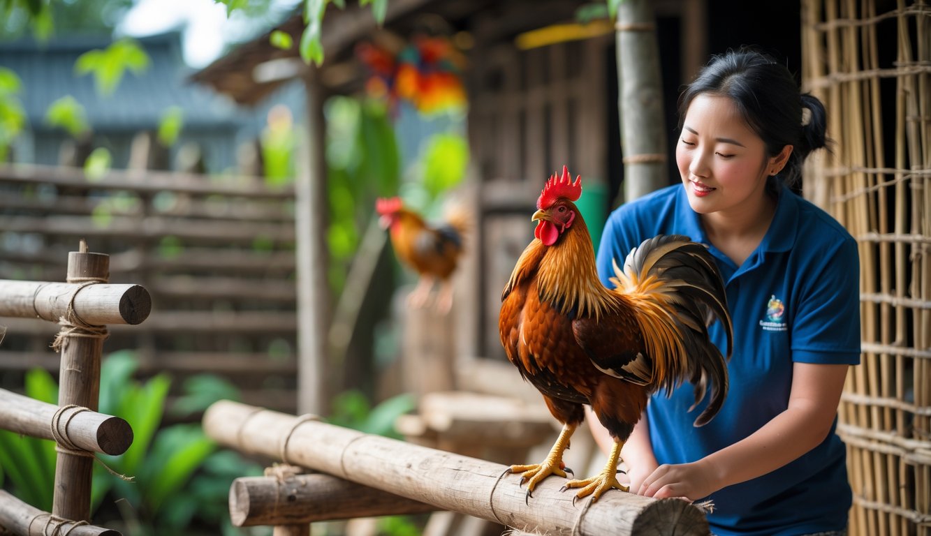 Seorang pemula sedang mengamati seekor ayam jago yang energik di lingkungan pedesaan dengan pagar bambu dan tanaman hijau.