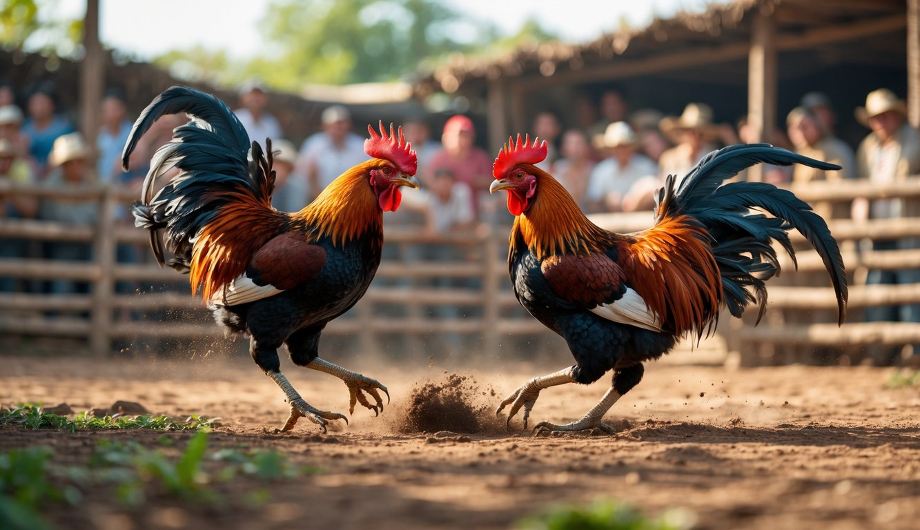 Dua ayam jago sedang bertarung di arena terbuka dengan penonton di latar belakang.