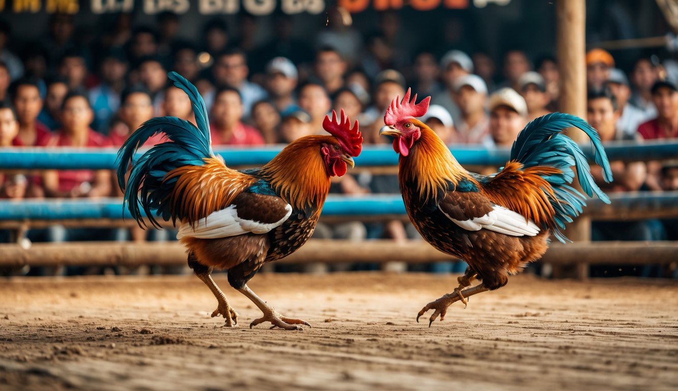 Dua ayam jago sedang bertarung di arena sabung ayam dengan penonton di latar belakang.