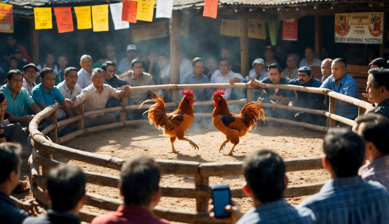 Dua ayam jago sedang bertarung di arena melingkar dengan penonton yang memperhatikan dengan serius di sekitarnya.