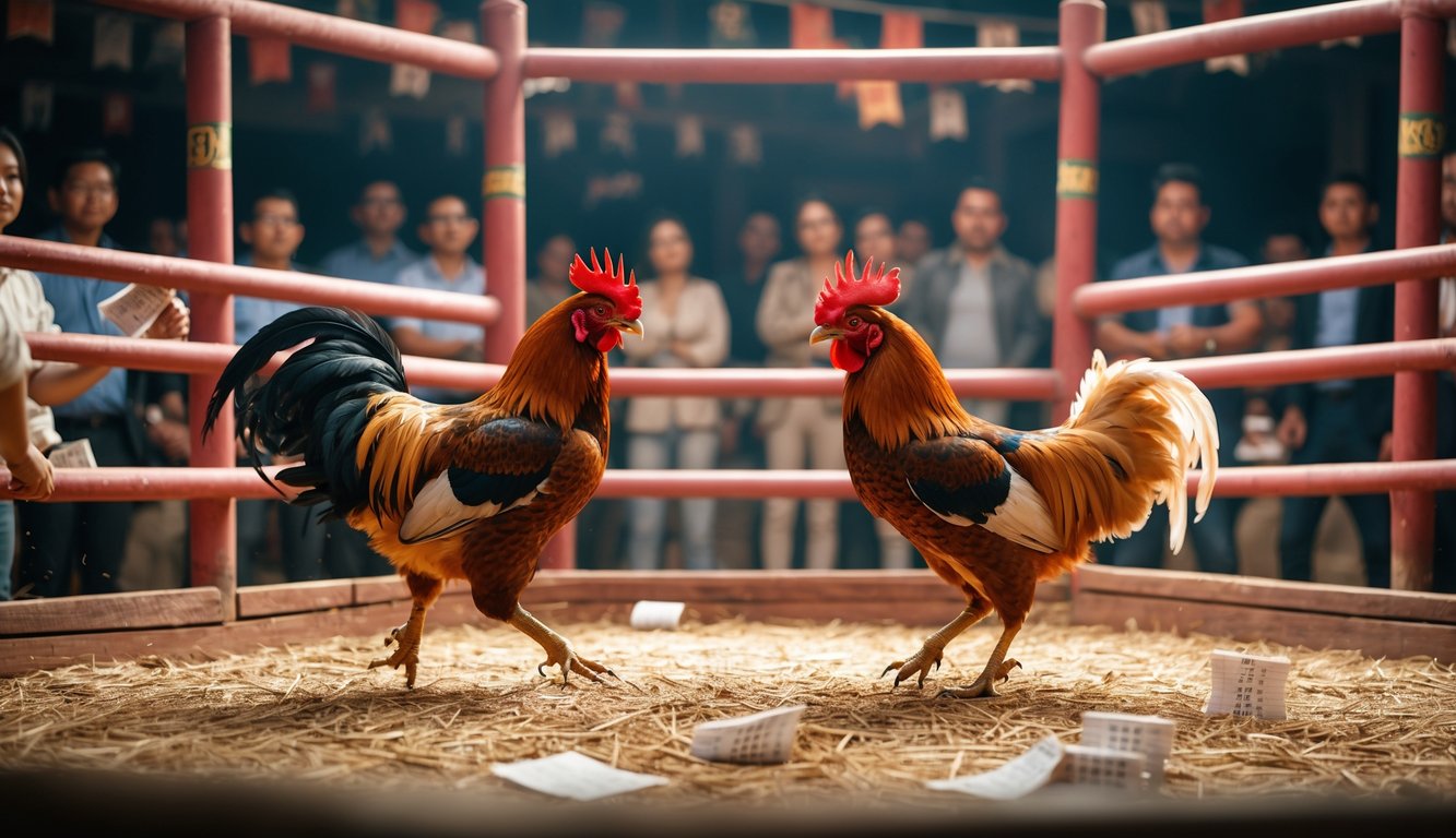 Dua ayam jago sedang bertarung di arena sabung ayam dengan penonton yang memperhatikan dengan serius.