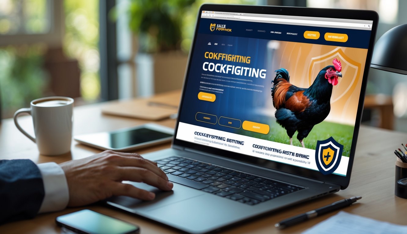 Sebuah meja kerja modern dengan laptop menampilkan situs taruhan sabung ayam yang aman dan terpercaya.