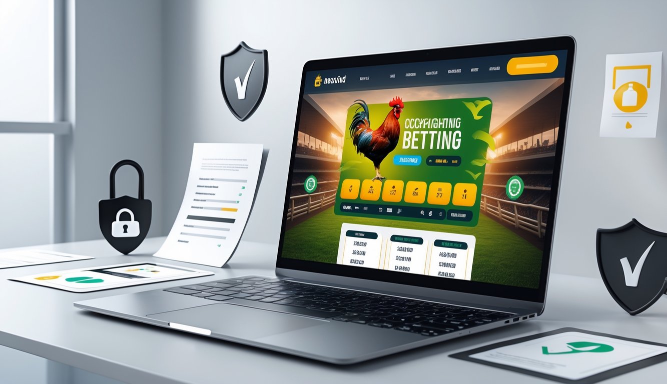 Sebuah laptop di meja kerja menampilkan antarmuka situs taruhan sabung ayam yang aman dan terpercaya dengan ikon ayam jago dan simbol keamanan di sekitarnya.