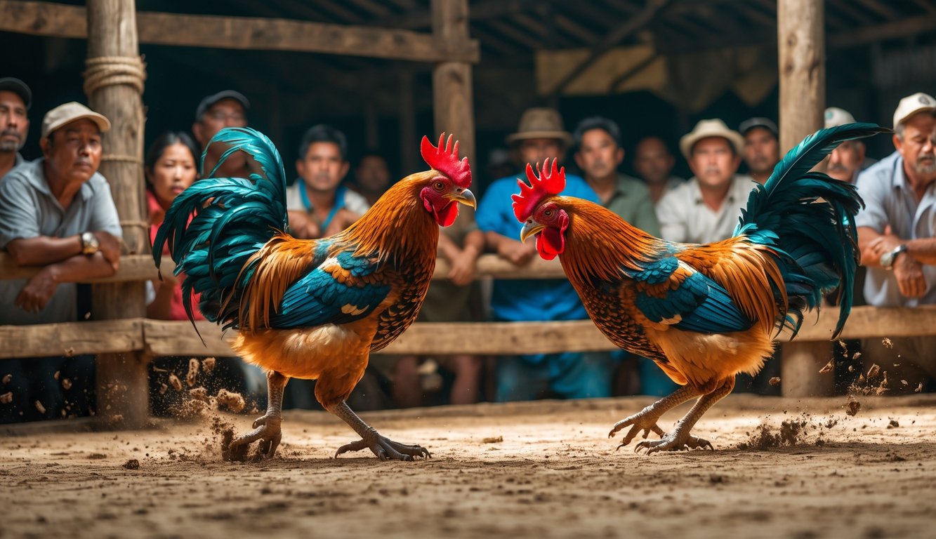 Dua ayam jago sedang bertarung dalam arena kayu dengan penonton yang memperhatikan di sekitarnya.