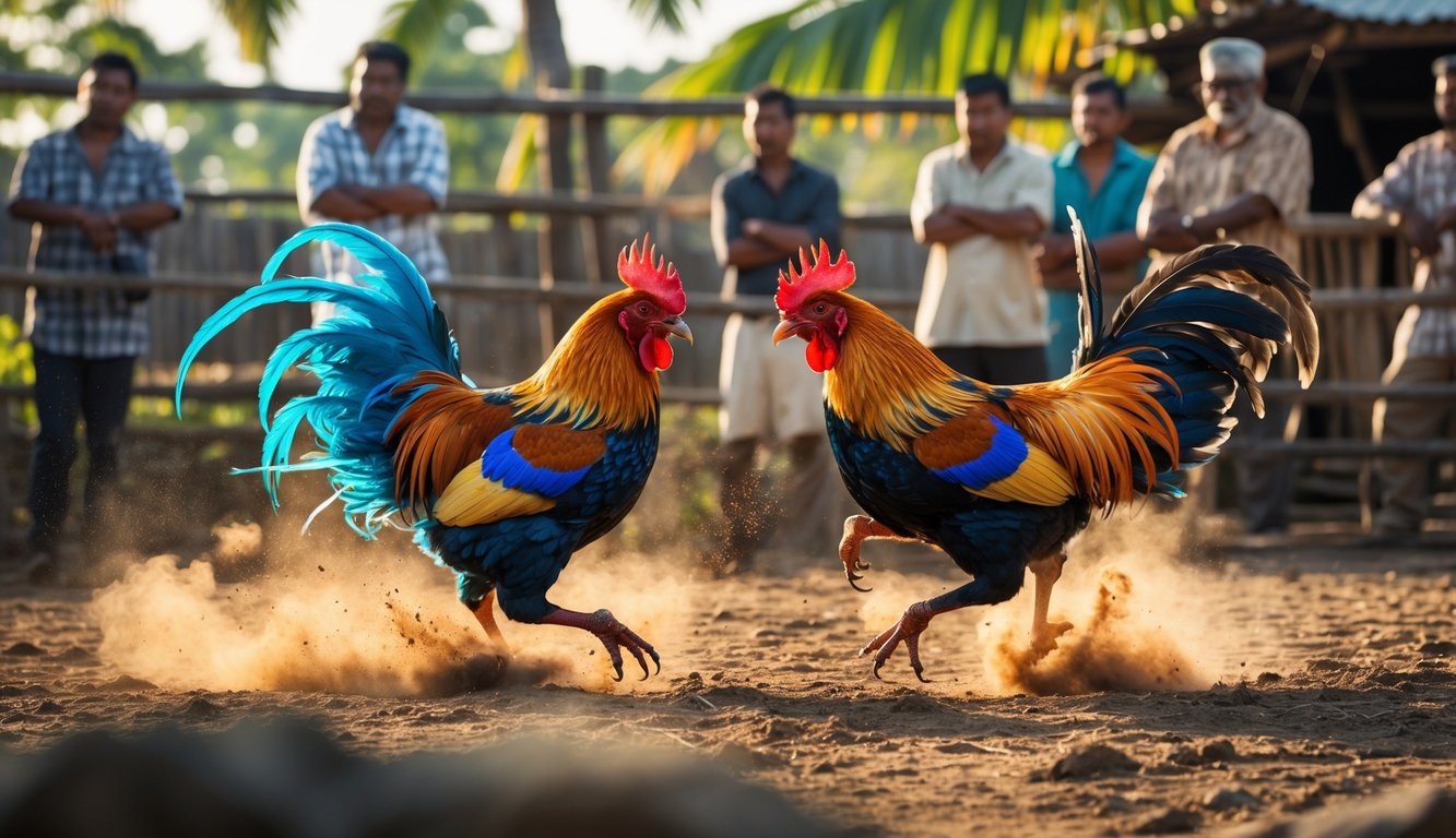 Dua ayam jantan sedang bertarung di luar ruangan dengan beberapa orang menonton di sekitarnya.