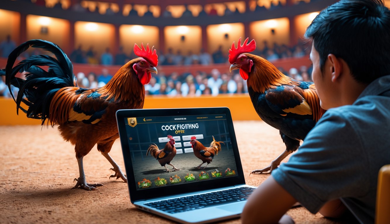 Dua ayam jago sedang bertarung di arena dengan seorang pria muda fokus melihat layar laptop.