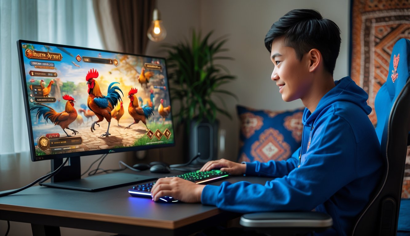 Seorang pemain muda sedang bermain game sabung ayam online di depan komputer dalam ruangan yang nyaman dengan dekorasi batik.