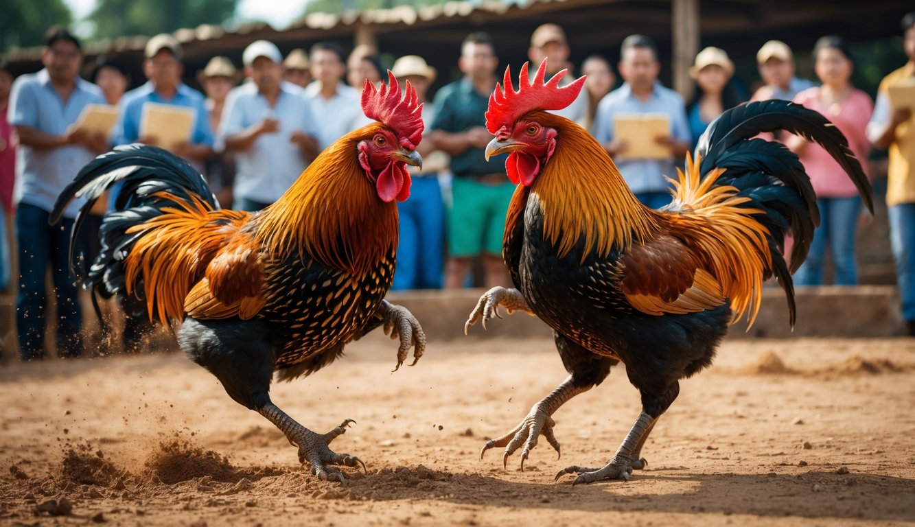 Dua ayam jago sedang bertarung di arena terbuka dengan penonton di sekitar yang mengamati dan mencatat.