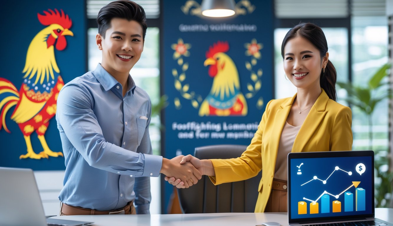 Seorang pria dan wanita muda tersenyum dan berjabat tangan di sebuah kantor modern dengan hiasan motif tradisional Indonesia dan perangkat digital di meja.