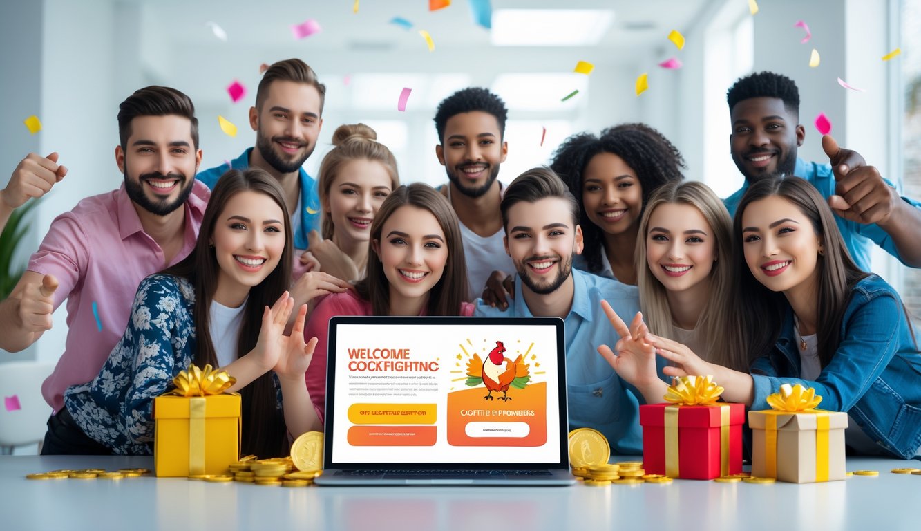 Sekelompok orang muda yang ceria berkumpul di sekitar perangkat digital, merayakan bonus dan promo khusus untuk anggota baru.